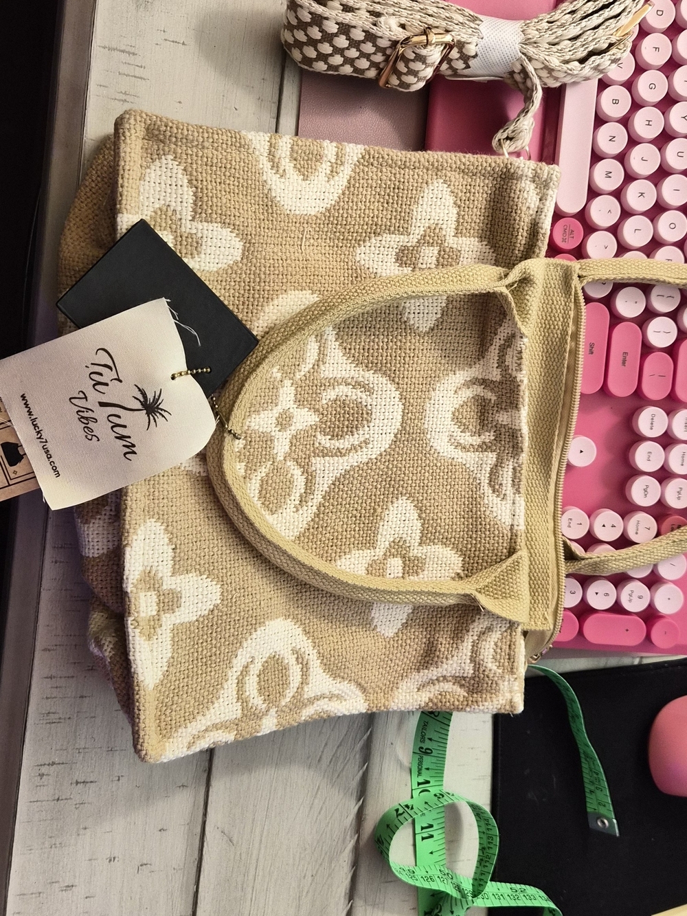 Beige & White Jacquard Tote Bag